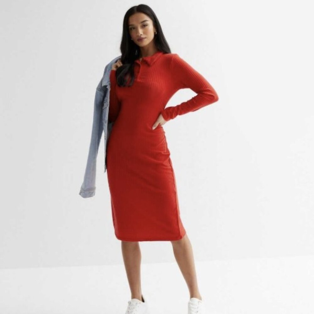 NWOT petite midi red bodycon shirt dress 4P